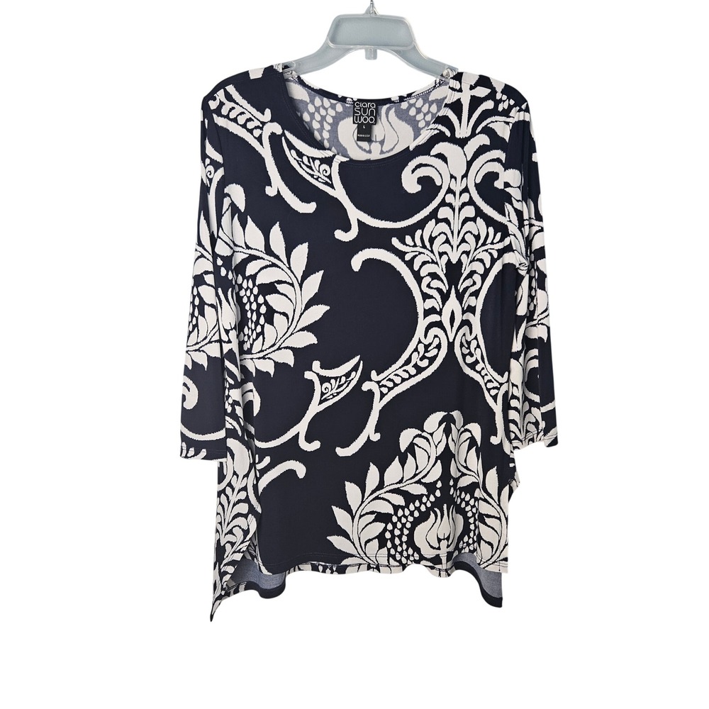 Clara Sun Woo Blue & White Paisley Leaf Print Tunic Shirt Womens Large